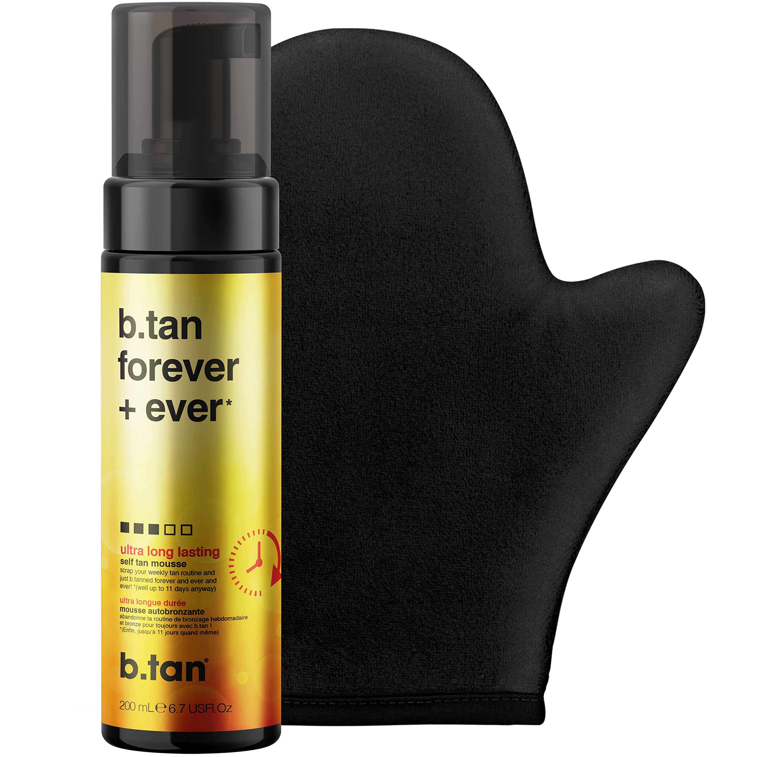 b.tan Long Lasting Self Tanning Gift Set | b.tan Forever Kit - Best Express Fake Tan w/Mitt Applicator Glove, 1 Hour Dark Face & Body Tanner Mousse, Instant Results, Vegan, Cruelty Free, 200ml