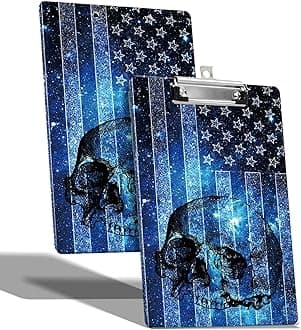 A4 Size Clipboard with Hanging Hook and Low Profile Clip, Plastic Nurse Clipboard Writing Drawing Board with Double-Sided Blue Skull Flag Print for Woman Kids Office School Use