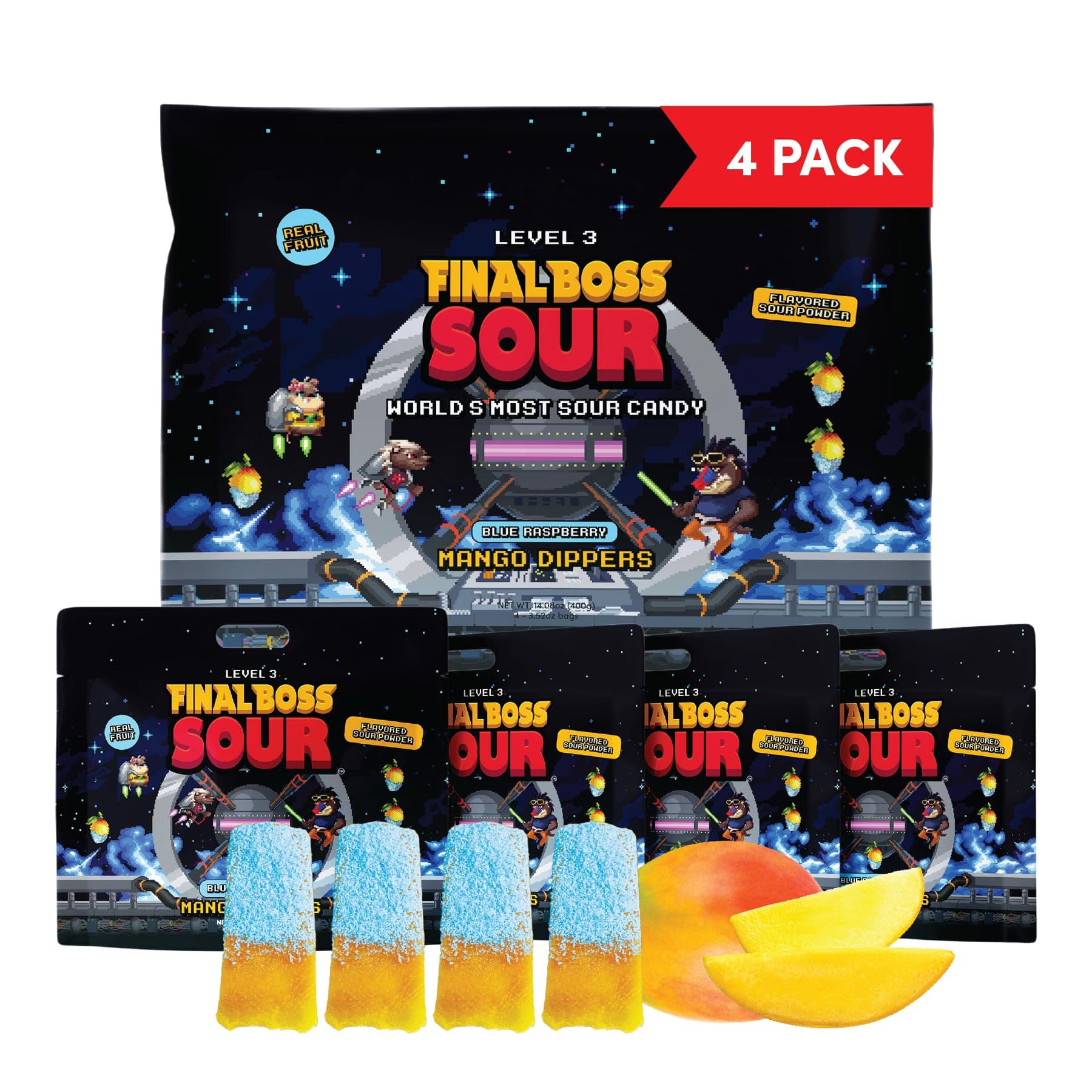 Final Boss Sour Fun Dip, Blue Raspberry, 4 Pack, Level 3, Extreme Super Sour Powder with Real Candy Tasting Dried Mangoes, All Natural 80s & 90s Sour Candy for Kids, Teens & Adults