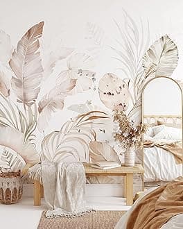 Beige Tropical Wallpaper | Removable Self Adhesive Watercolor Wallpaper | Tropical Peel and Stick Wallpaper (1 roll 24" W x 48" H)