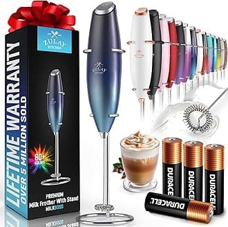 Zulay Powerful Milk Frother (4 Duracell Batteries Included) - Handheld Milk Frother Wand Drink Mixer for Coffee - Powerful Milk Foamer for Cappuccino, Frappe, Matcha & Creamer - Black/Dark Blue/Teal