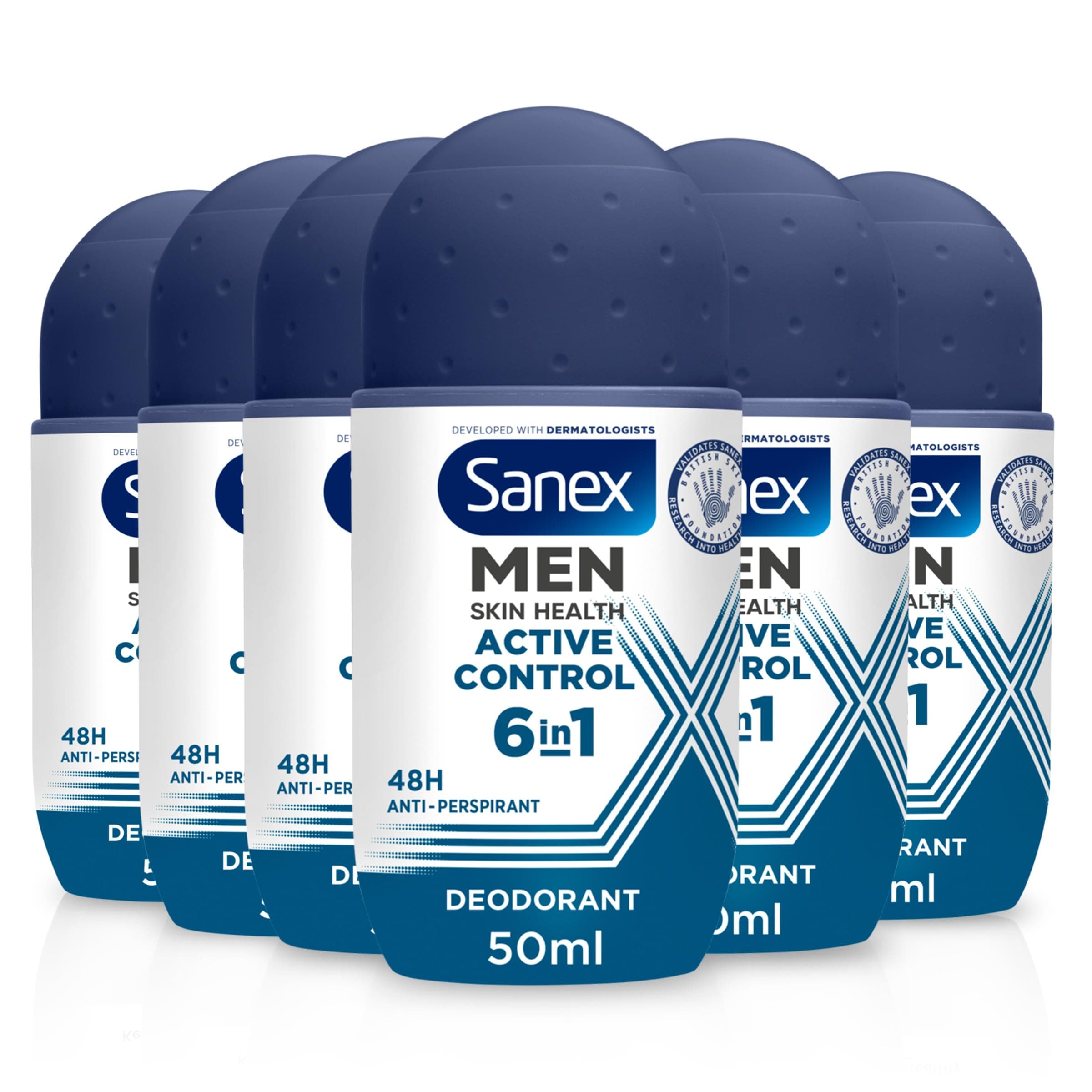 Men Active Control Antiperspirant Roll-On Deodorant 6 x 50ml, 48 hour sweat protection, anti-odour, long-lasting dryness, freshness, gentle on skin, antibacterial, 0% alcohol*