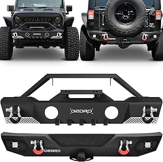 OEDRO Stubby Front and Rear Bumpers Fit 2007-2018 Jeep Wrangler JK & JKU Unlimited, Off Road Bumper w/Fog Light Hole & D-Rings & Winch Plate & Hitch Receiver & 2 X LED Lights