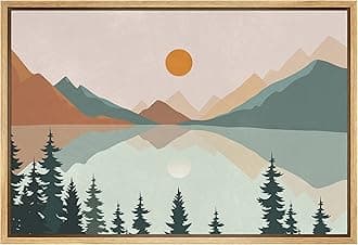 SIGNFORD Framed Canvas Print Wall Art Pastel Mountain Tree Forest Lake Nature Wilderness Illustrations Modern Art Decorative Boho Relax/Zen for Living Room, Bedroom, Office - 16"x24" Natural