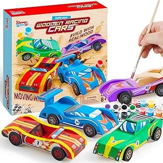 Klever Kits 4 DIY Wooden Race Cars-Build & Paint Your Own Wood Craft Kit, 4 Race Cars Toy, Easy to Assemble Arts Crafts Kit, Birthday Party Presents for Kids Boys and Girls