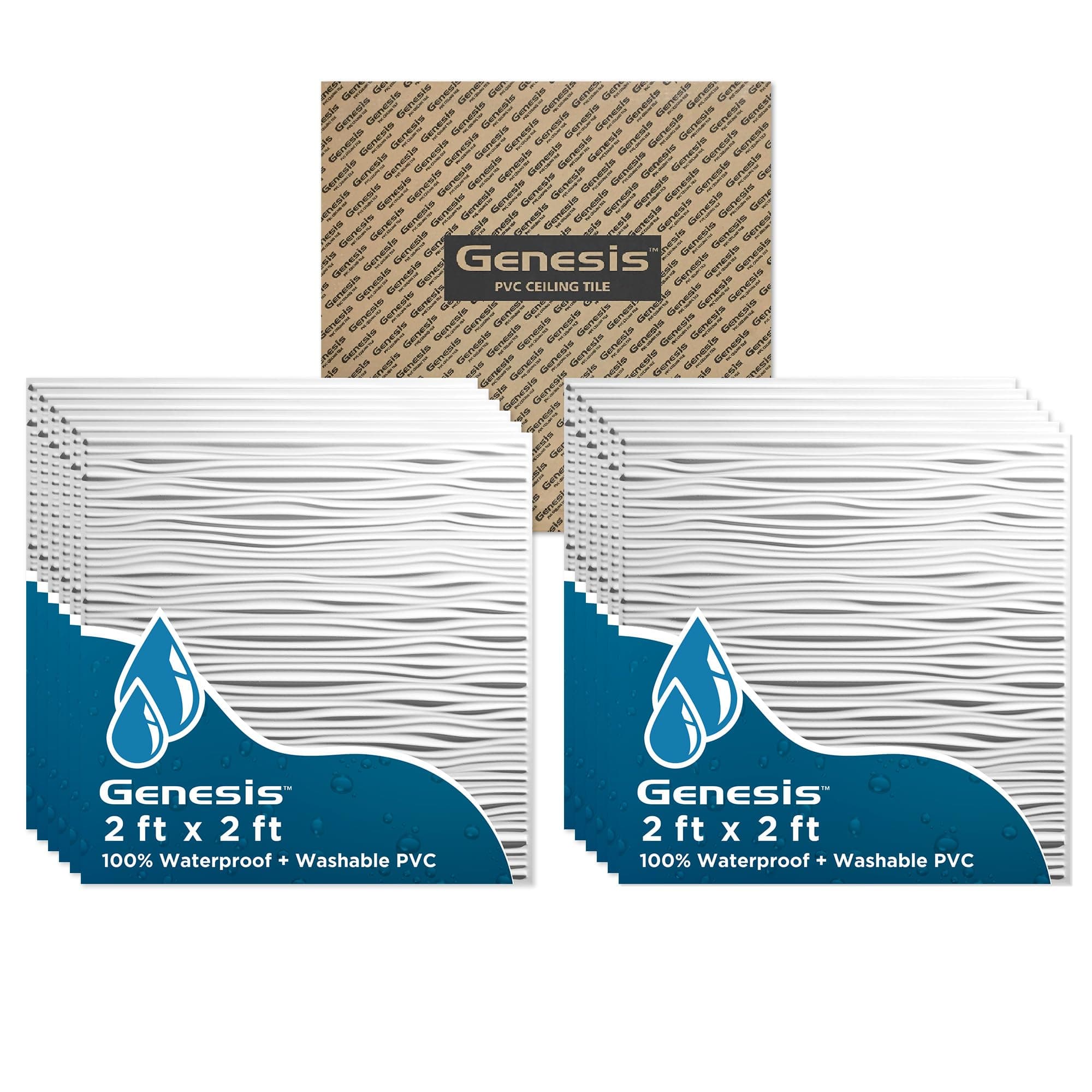 Genesis 2ft x 2ft White Drifts Ceiling Tiles - Easy Drop-in Installation – Waterproof, Washable and Fire-Rated - High-Grade PVC to Prevent Breakage - Package of 12 Tiles