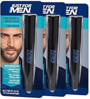 Just for Men 1-Day Beard & Brow Color, Temporary Color for Beard and Eyebrows, For a Fuller, Well-Defined Look, Up to 30 Applications, Dark Brown, Ships in Eco-Friendly Packaging (Pack of 3)