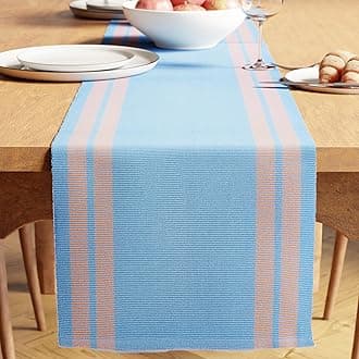 Encasa XO Table Runner | Yarn Dyed Fine Rib Cotton | Size 32 x 183 cm | Ladder Blue | Machine Washable