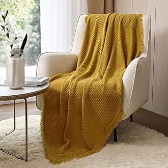 CREVENT Farmhouse Boho Knitted Throw Blanket for Couch Sofa Chair Bed Home Decoration, Soft Warm Cozy Light Weight for Spring Summer Fall (50''X60'' Mustard/Yellow)