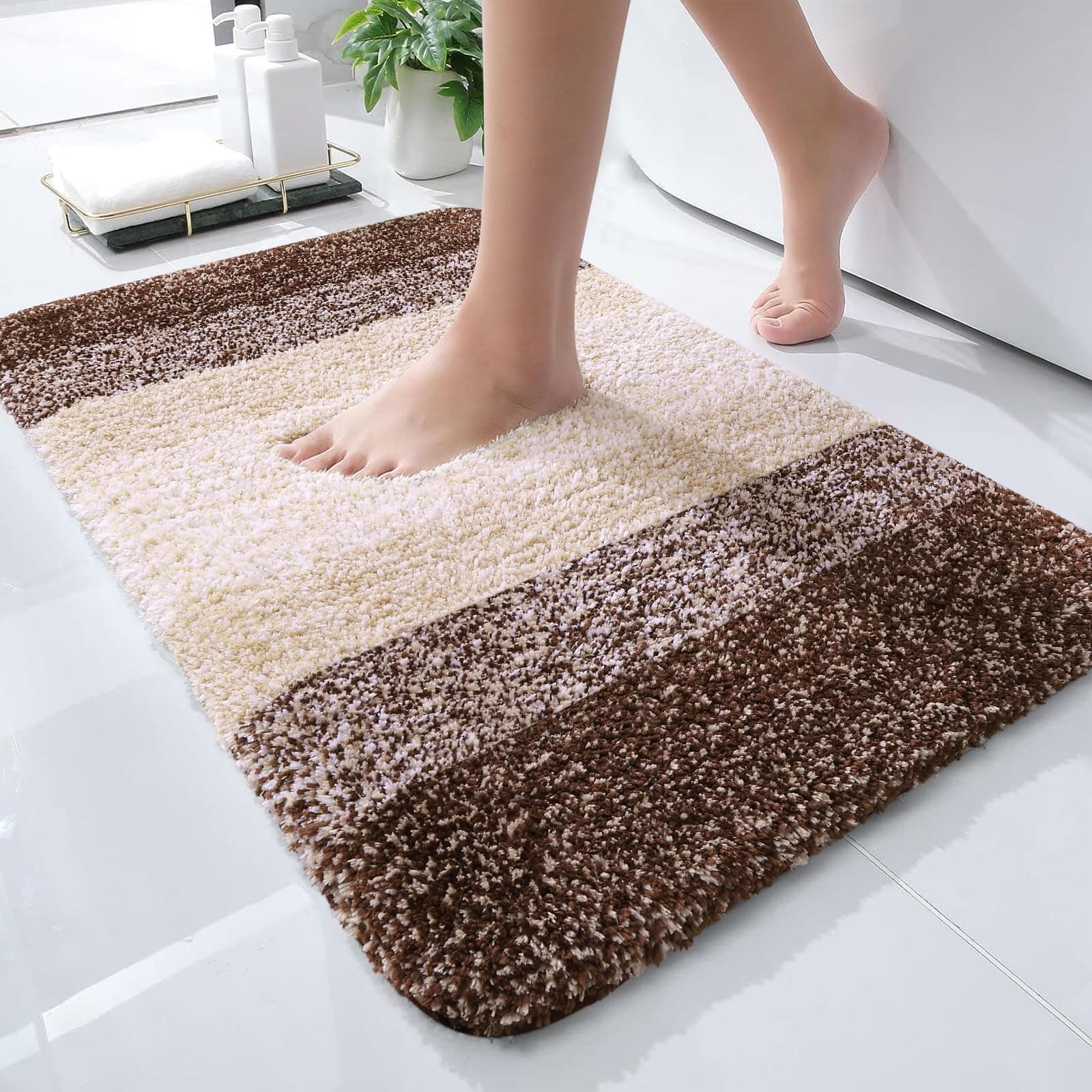 Luxury Bathroom Rug Mat, Extra Soft and Absorbent Microfiber Bath Rugs, Non-Slip Plush Shaggy Bath Carpet, Machine Wash Dry, Bath Mats for Bathroom Floor, Tub and Shower 17" x 24", Brown