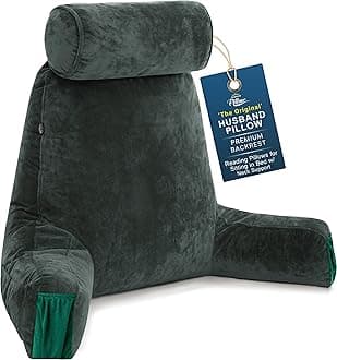 Husband Pillow Medium Reading Pillow with Arms - 23" Backrest for Sitting Up in Bed - Firm Support Bed Rest Pillow for Adults, Neck Roll, Removable Cover - TV, Reading, Lounging - Dark Green