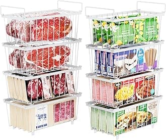iSPECLE Deep Freezer Organizer Bins - Fits 7 Cu.Ft Chest Freezer, 8 Pack Stackable Wire Baskets(14.7" Length), Heavy Duty Coated Freezer Organizer, Rust Resistant for Frozen Food Sorting, White
