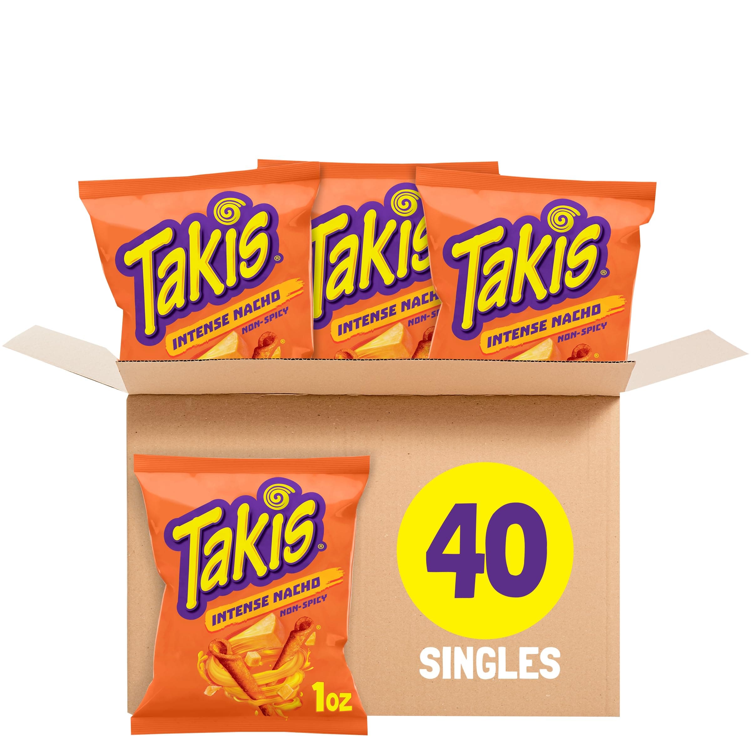Takis Intense Nacho 40 pc / 1 oz Multipack - Cheddar Cheese Flavored Non-Spicy Rolled Tortilla Chips - Individual Bags, Perfect for Tailgates, Parties, Lunchboxes or Lunches