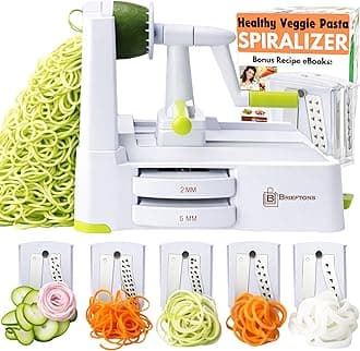 5-Blade Spiralizer (BR-5B-02): Strongest-and-Heaviest Duty Vegetable Spiral Slicer, Best Veggie Pasta Spaghetti Maker for Low Carb/Paleo/Gluten-Free, With Extra Blade Caddy & 3 Recipe Ebooks