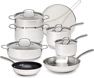 12-Piece Classic Stainless Steel Cookware Set with Tri-Ply Base for Even Heating, Durable, Impact Bonded Pots and Pans, Dishwasher Safe Includes Non Stick Frying Pan, Chrome
