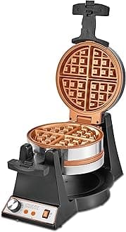 CRUX Double Rotating Belgian Waffle Maker, Keto Chaffles Iron with Nonstick PFOA Free Copper Plates for Easy Food Release, Browning Control and Removable Drip Tray, Stainless Steel