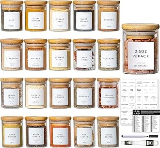 Laramaid 2.5oz 20Packs Glass Jars Set, Round Spice Jars with Bamboo Lids and Customized Labels, Food Storage Container Canisters for Home Kitchen, Spice, Herbs, Seasoning, Seed, Tea, Sugar, Salt