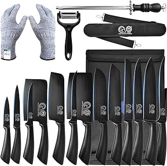 XYJ Knives,Professional Knife Sets for Master Chefs,Meat Cleaver Butcher for Camping,Chef Knife Set with Bag (Full Black)