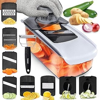 Mandoline Slicer for Kitchen, Fruit Cutter, Cheese Grater, Cucumber Slicer, Veggie Spiralizer, Food Cutter & Kitchen Gadgets & Gifts with Safety Glove (9 in 1, White)