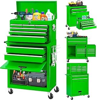 INTERGREAT Rolling Tool Chest, Assembled 8-Drawers Tool Box Organizer with Lockable Wheels, Detachable Top Metal Tool Box, Tool Cabinet for Repair Room,Warehouse,Tool Box with Hooks,Liners(Green)