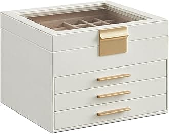 - GISELLA Collection - Jewelry Box Organizer, 4-Layer Jewelry Storage with 3 Drawers, Shiny Metal Hardware, Glass Lid, Modern, 8 x 9.1 x 6.5 Inches, Cloud White and Gold Color UJBC173W01
