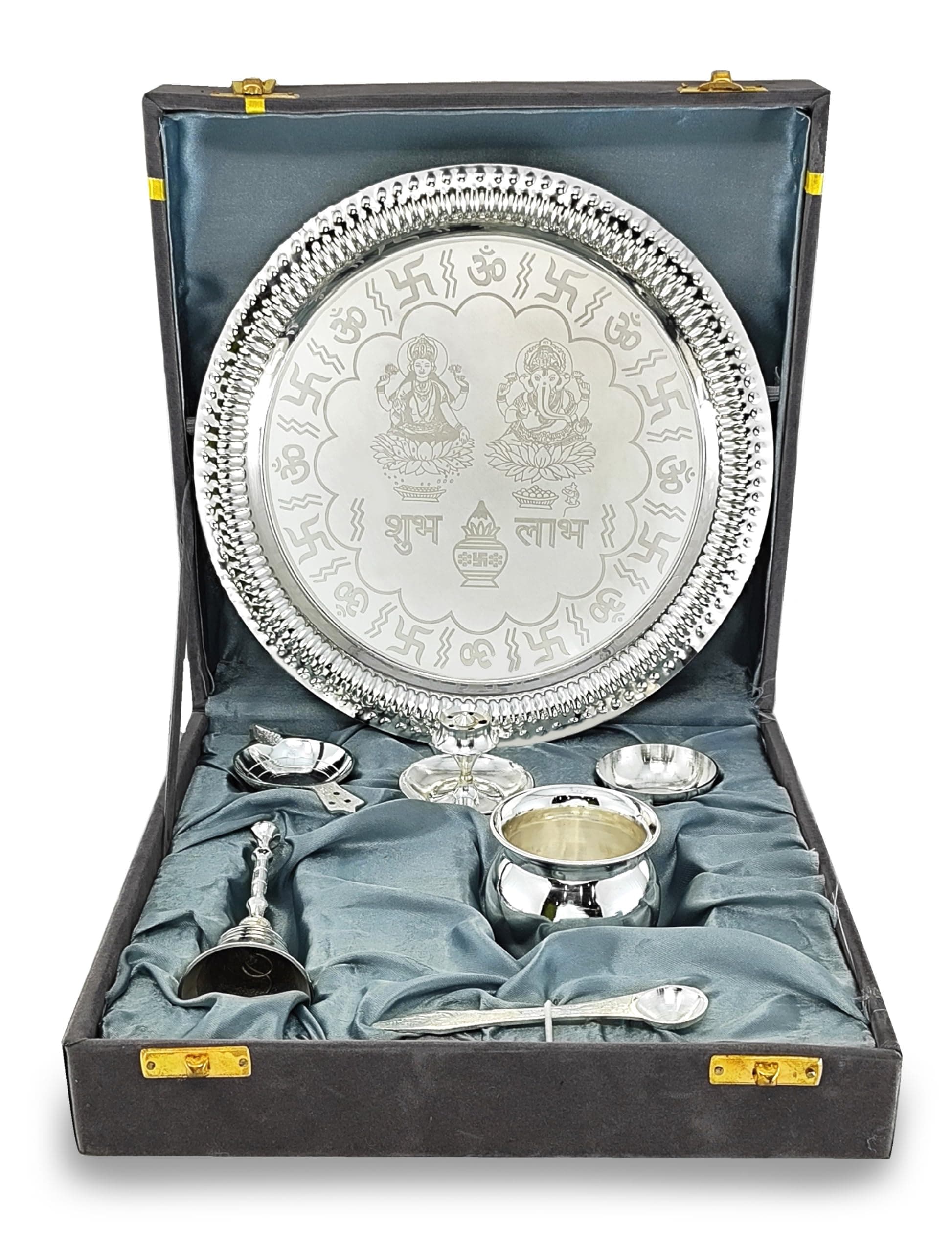 Pooja Thali Set Silver Plated with Grey Gift Box Designed 22 cm Puja Plate Kalash Bowl Ghanti Spoon Dhup Dan Diya for Home Office Diwali Wedding Return Gift Items