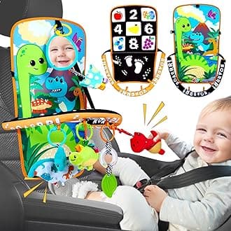 Baby Car Seat Dinosaurs Toys - Kick and Play Double Sided Infant Car Seat Toys with Plush Toys, Mirror, Teether for Baby, Babys Travel Activities, Christmas Birthday Gifts Newborn Infant Toys