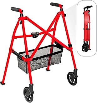 Stander EZ Fold-N-Go Walker, Lightweight Folding Rolling Walker for Adults, Seniors, and Elderly, Collapsable Travel Walker with Wheels, Ski Glides, and Pouch, Compact Standard Walker, Sport Red
