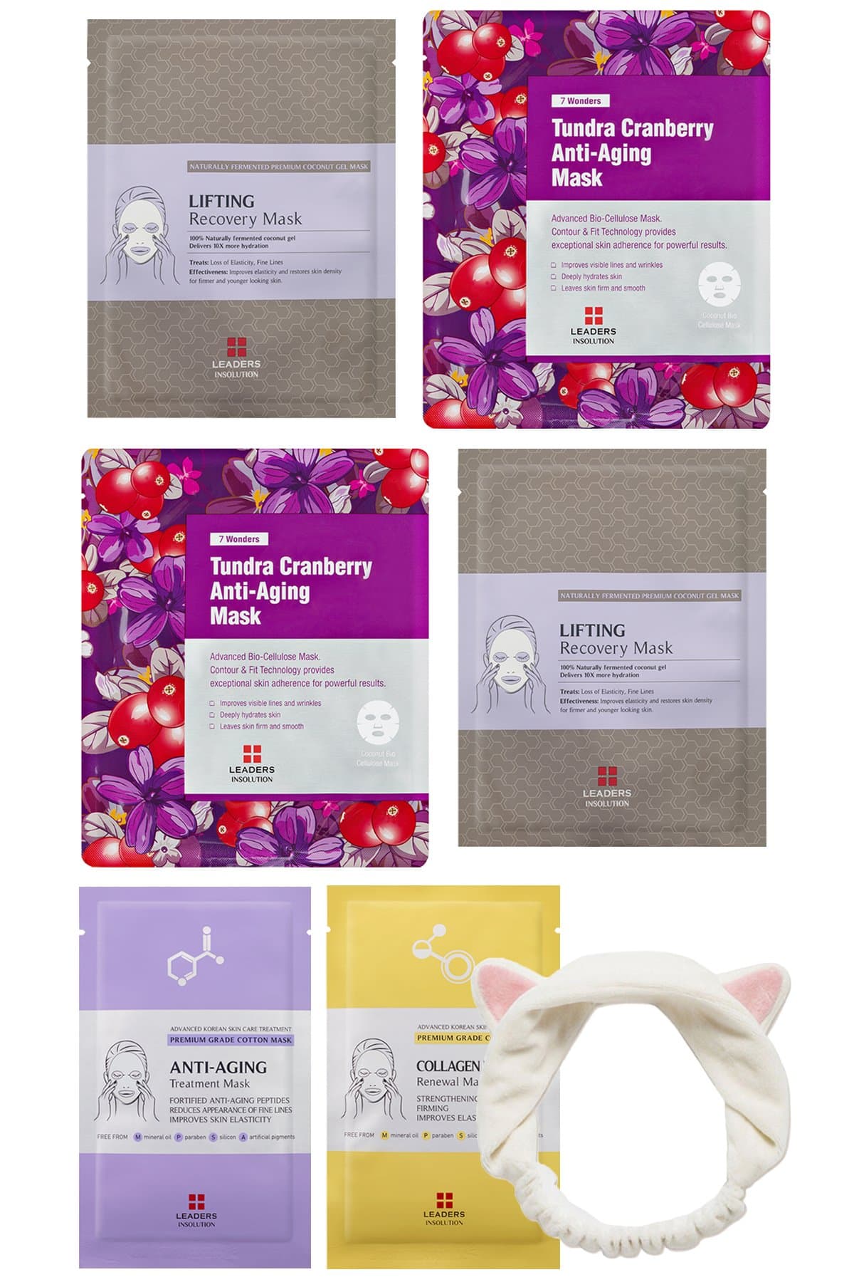 [Leaders Insolution] Full Face Facial Mask Sheet, 6 Combo Pack - Ageless Wonder Kit [Anti-Aging] with a Cat Ear Headband [2 Cotton Face Sheet Masks + 4 Coconut Gel Bio-Cellulose Face Sheet Masks]