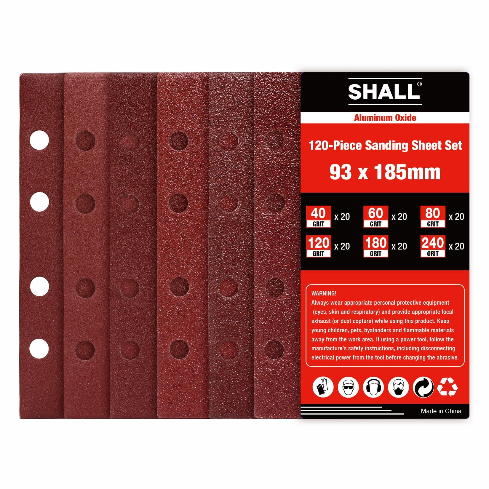 SHALL-120pcs Sanding Sheets Rectangular, 93x185mm Sander Sandpaper 8 Holes Hook and Loop Sanding Pads,Assorted 40/60/80/120/180/240 Grits