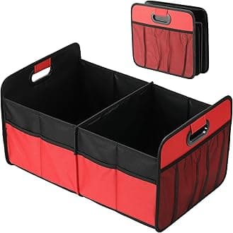 Simple Deluxe Car Trunk Organizer, Anti-slip Design, Made of Waterproof 600D Oxford Polyester, 2 Compartments Collapsible Trunk Storage, Suitable for SUV, 14" D x 22" W x 12" H, Red