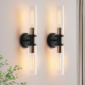 Black and Brass Gold Wall Sconces Set of Two with Clear Glass Shade - Indoor Wall Decor Set of 2