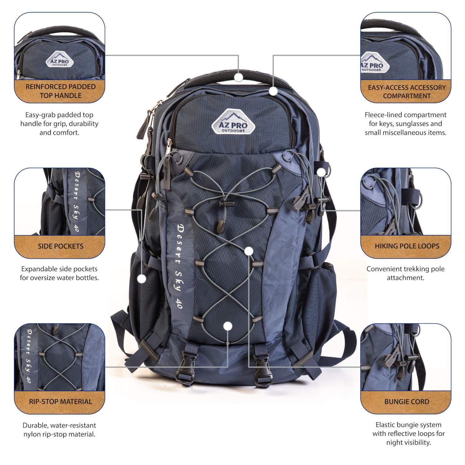 Desert Sky from AZ Pro Outdoors 3-Way Backpack Series 40L Easily Converts to the Most Versatile Backpack Hiking Day Pack, Attractive Travel/Laptop Computer Bag and Single-Hydration Waist Belt/Hip Bag