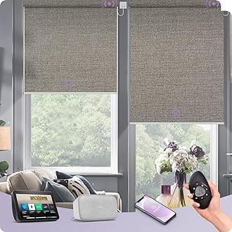 Graywind Motorized Shades 100% Blackout Compatible with Alexa Google WiFi Hardwired Smart Roller Shade Remote Control Automated Window Blinds with Valance, Customized Size (Grey Brown)