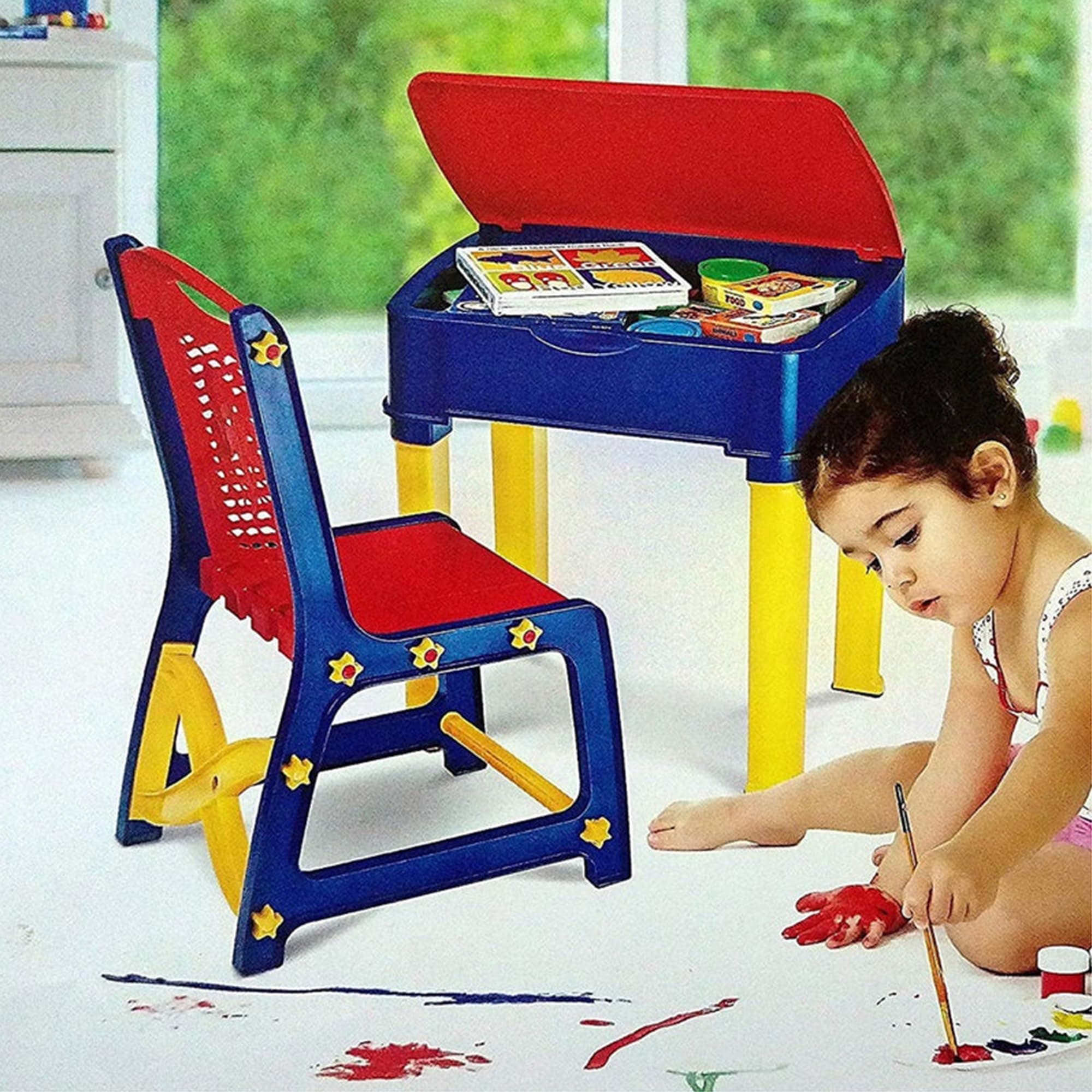 Nilkamal Apple Junior Study Table and Chair Set with Storage for Stationary | Laptop Desk | Dining Breakfast Table for Eating | Suitable for 3 to 12 Years Age | Vibrant Red & Blue Colour, Glossy