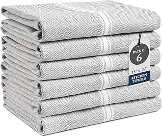 LANE LINEN Kitchen Towel Set - 100% Cotton, Absorbent, Grey Chambray Striped Dish Towels, 14” x 25”, 6-Pack