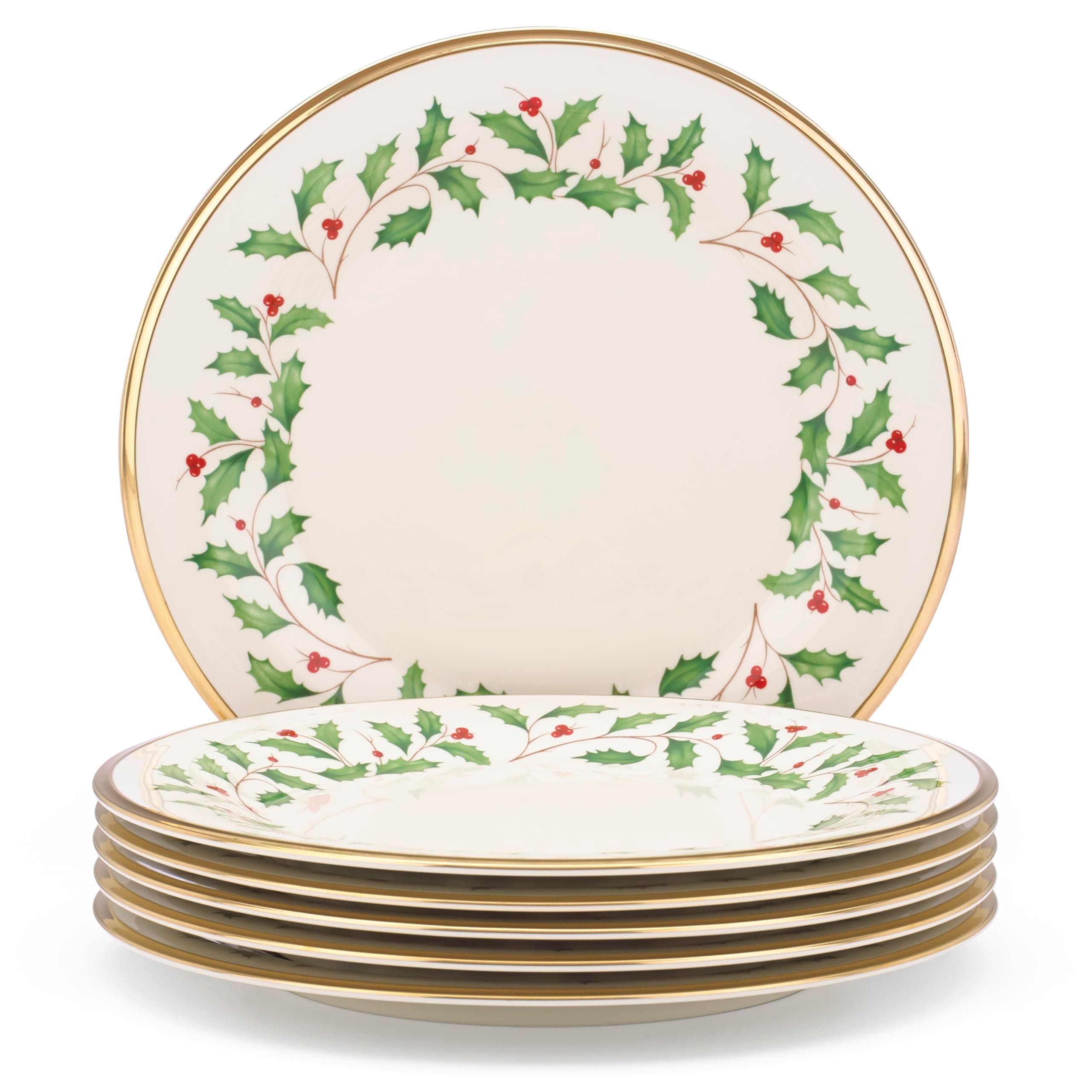 Holiday 6-Piece Dinner Plates Dinnerware Set, Service For 6, Porcelain, Dishwasher Safe, Round Plates Set, Holiday Red & Green, Perfect for Gatherings, Christmas Dinnerware (Ivory, 6 Piece)