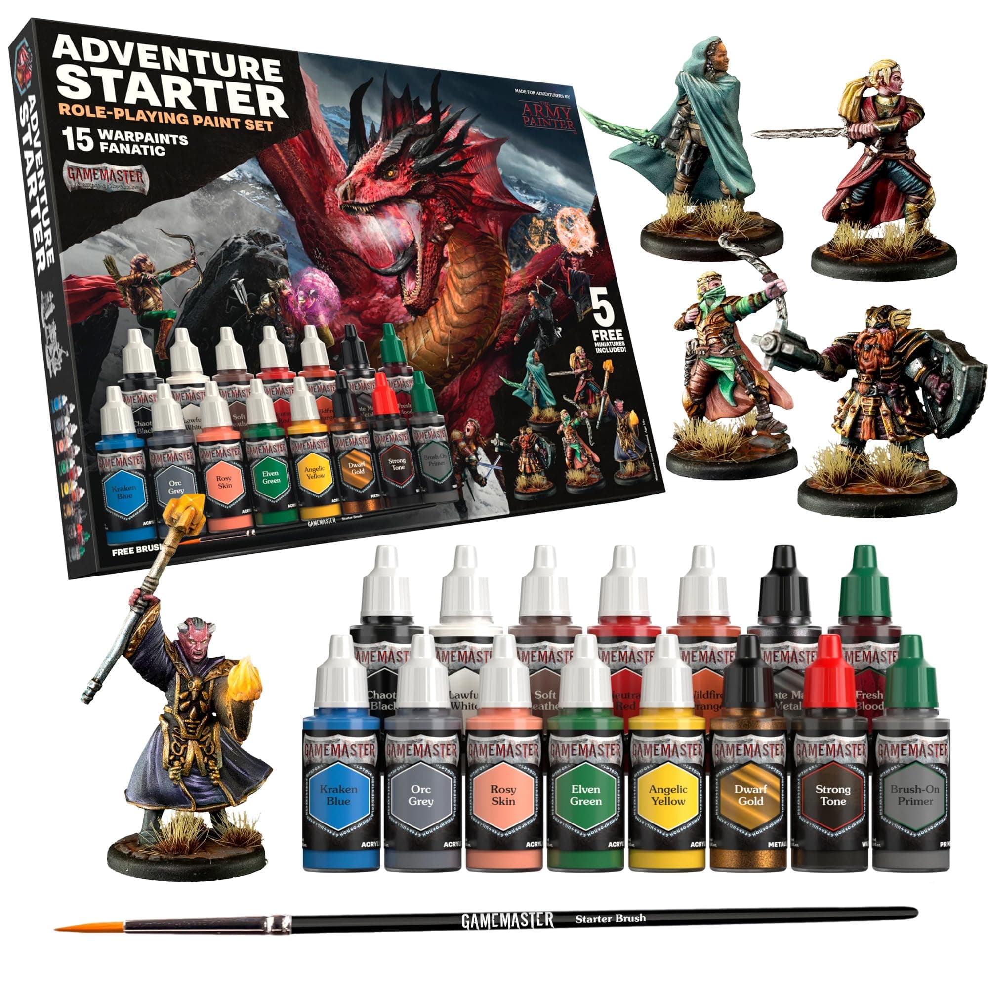The Army Painter - DnD Paint Set Gamemaster Character with Precise Detail Hobby Brush 20 Warpaint 19x12 ml, 12 ml Brush-on Primer, 5 28mm Miniatures, Miniature Painting kit with Bonus Item
