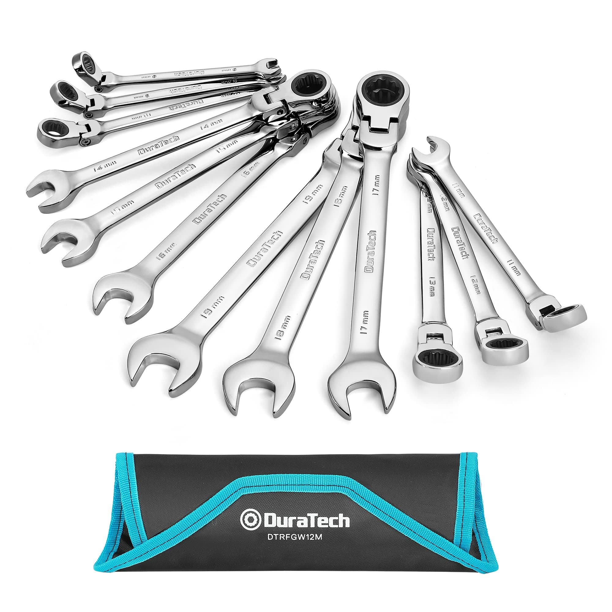 12-Piece Flex-Head Ratchet Spanner Set 8-19mm, Combination Wrench Set with 72 Tooth Ratchet Gear, Chrome Vanadium Steel, Metric, with Poll-up Pouch