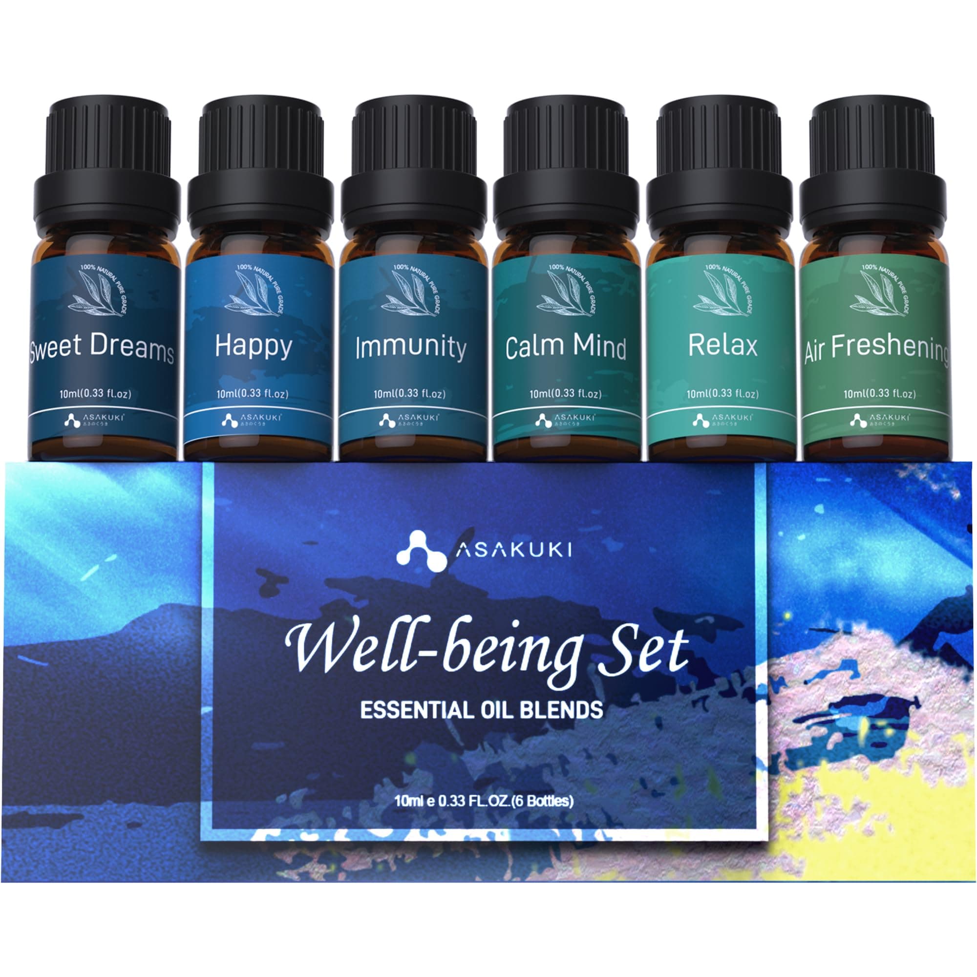 ASAKUKI Essential Oils, Essential Oil for Diffusers for Home, Well-Being Kit Gifts for Mom- Calm Mind, Sweet Dreams, Happy, Relax, Air Freshening, Immunity for Aromatherapy, Humidifiers, 6x10ml