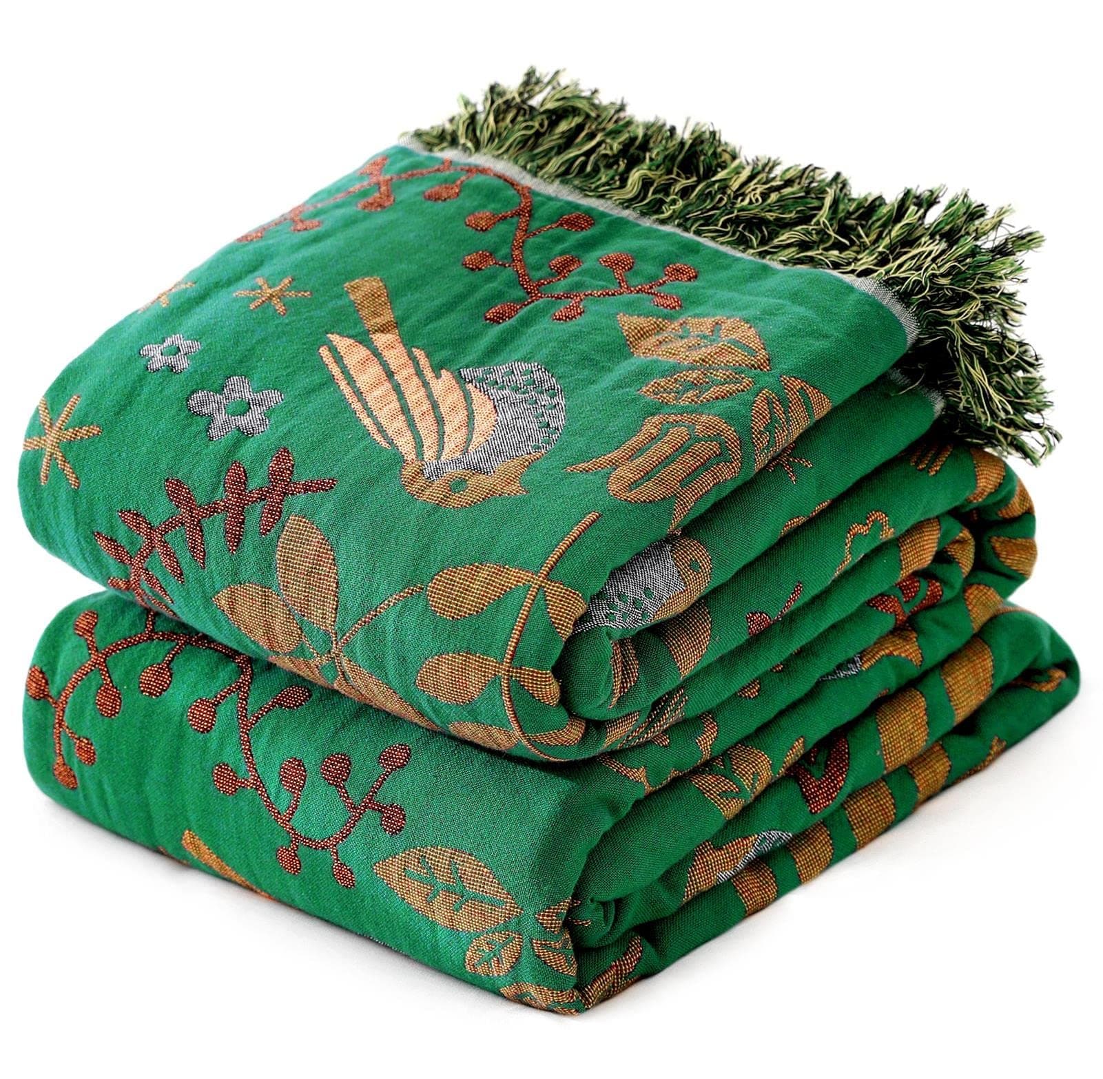 Green Fall Blanket 60''x 80'' Boho Throw Blankets for Couch Bed Chair,100% Cotton Quilts Christmas Warm Soft Blanket Muslin Bed Blankets Farmhouse Decoration