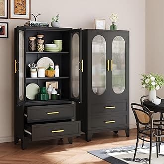 61" Tall Kitchen Pantry Storage Cabinet, Black Metal Storage Cabinet with Adjustable Shelves & Glass Doors & Drawers, Food Pantry Cabinets for Kitchen, Bathroom, Dinning Room, Living Room