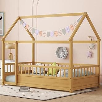 Bellemave Montessori Bed Twin Size, Twin Floor Bed with High Fence, House Beds for Kids, Girls, Boys, Easy Assemble Montessori Floor Beds, Natural