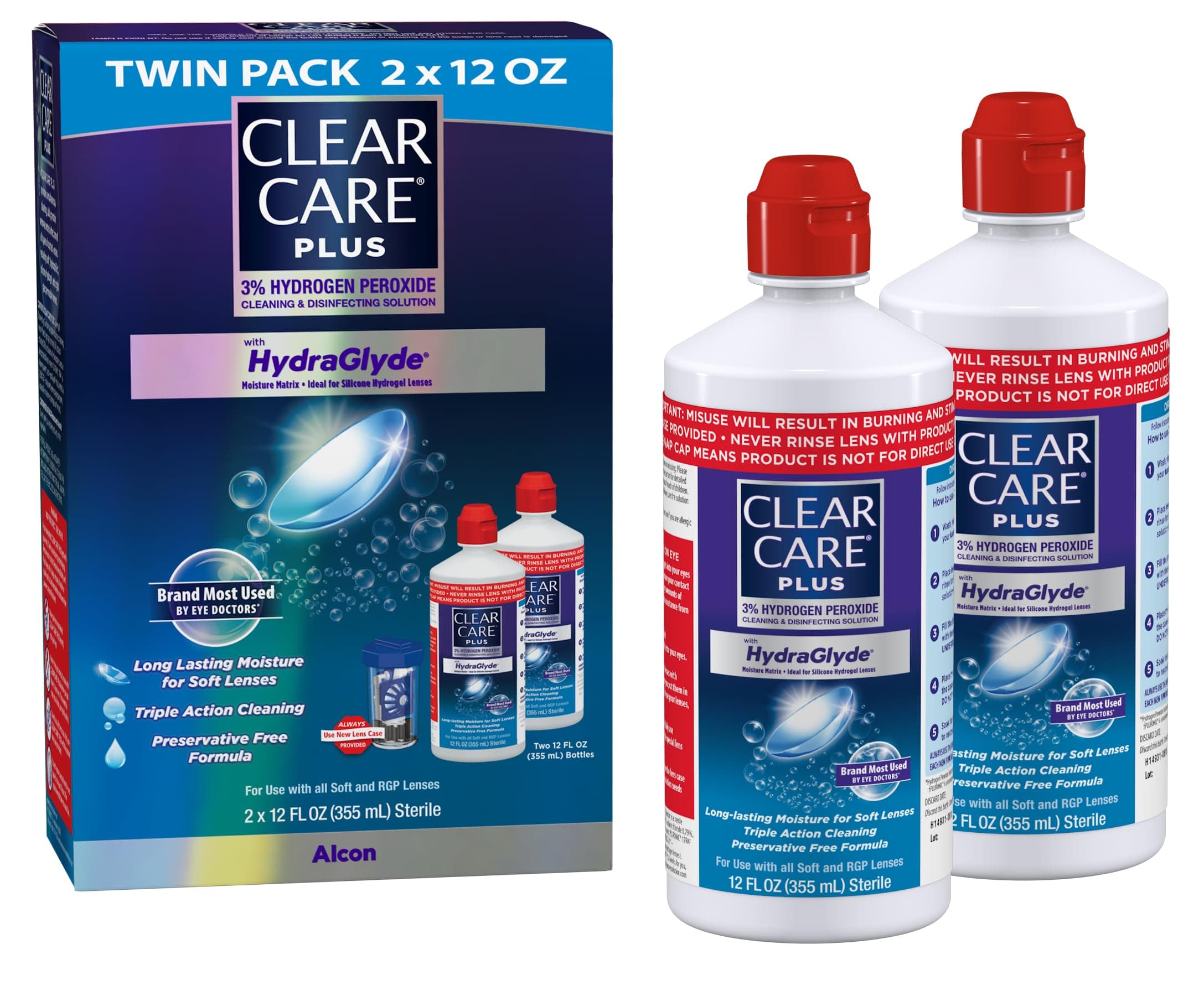 Clear Care Plus Cleaning Solution with Lens Case, Twin Pack, Multi, 12 Oz, Pack of 2