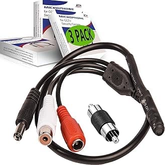CCTV Microphone with Preamp, RCA Audio Out, 12V DC — Adjustable Gain — for DVR/NVR & IP Cameras (3Pack)