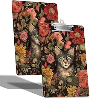 A4 Size Clipboard with Hanging Hook and Low Profile Clip, Plastic Nurse Clipboard Writing Drawing Board with Double-Side Cat and Flowers Print for Woman Kids Office School Use