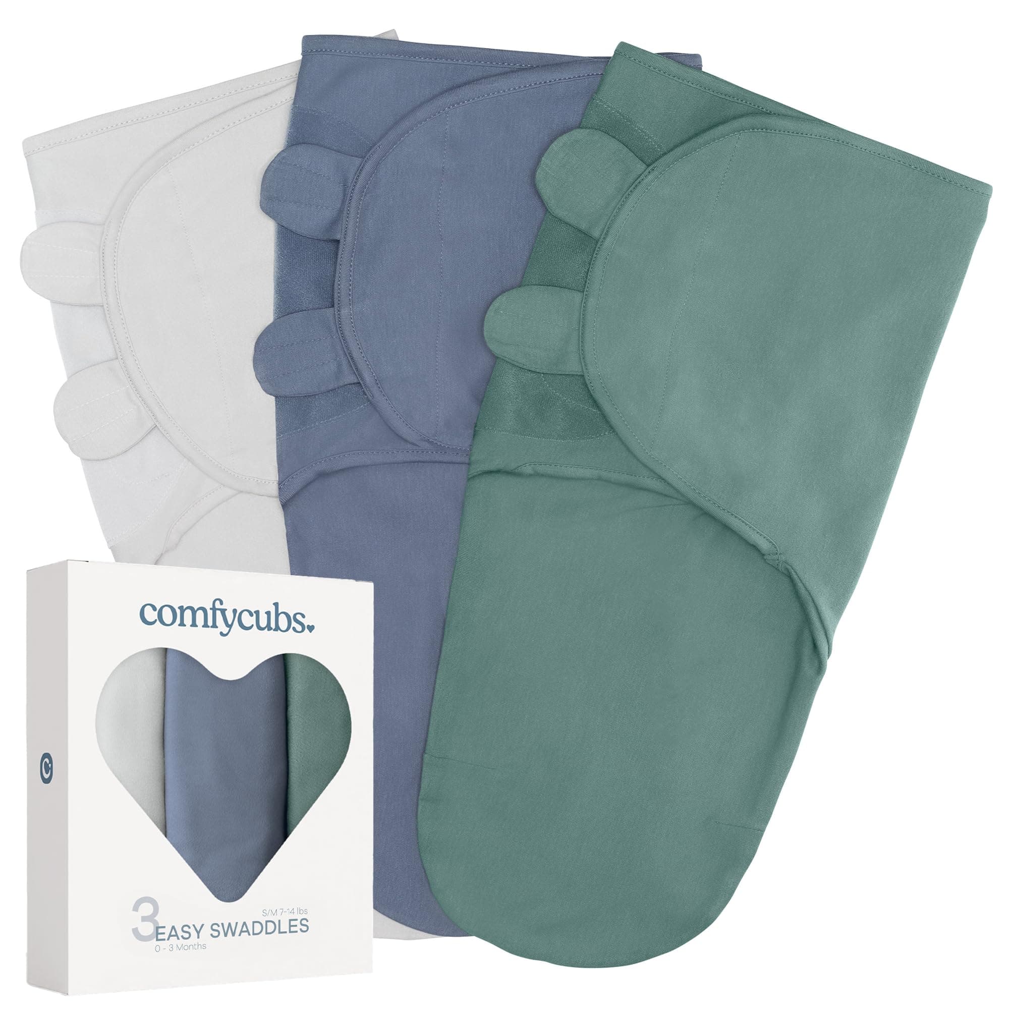 Comfy Cubs Easy Swaddle Blanket, 3 Pack - 100% Cotton Swaddle Set, Small for 0-3 Months Infants, Breathable and Durable Sleep Sack, Newborn Baby Gifts - Stone, Nomadic Blue, Azul