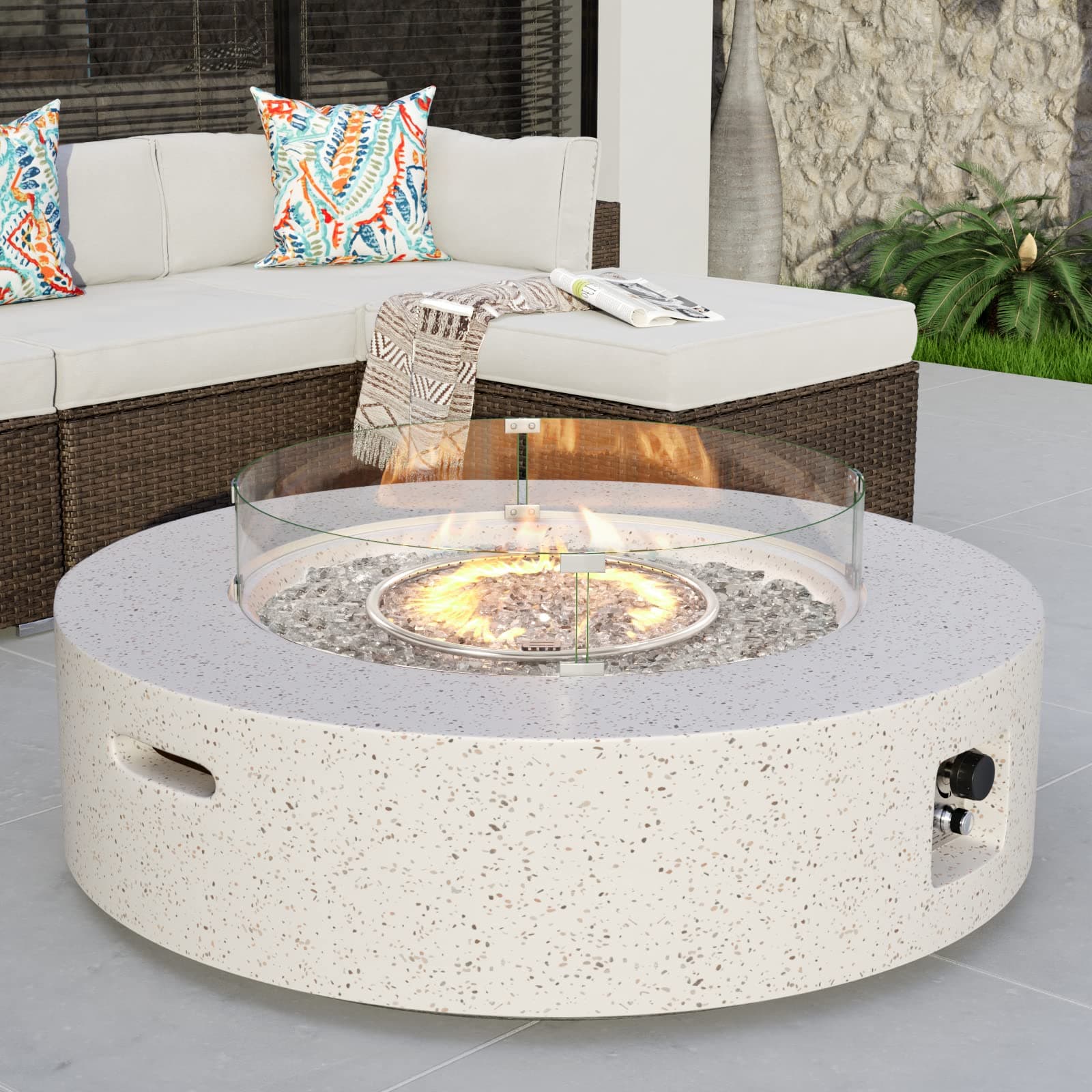 - Outdoor Propane Fire Pit Coffee Table w Terrazzo White 42 inch Round Base Patio Heater, Certified, 50,000 BTU Stainless Steel Burner, Wind Guard, Transparent Gray Fire Glass, Rain Cover