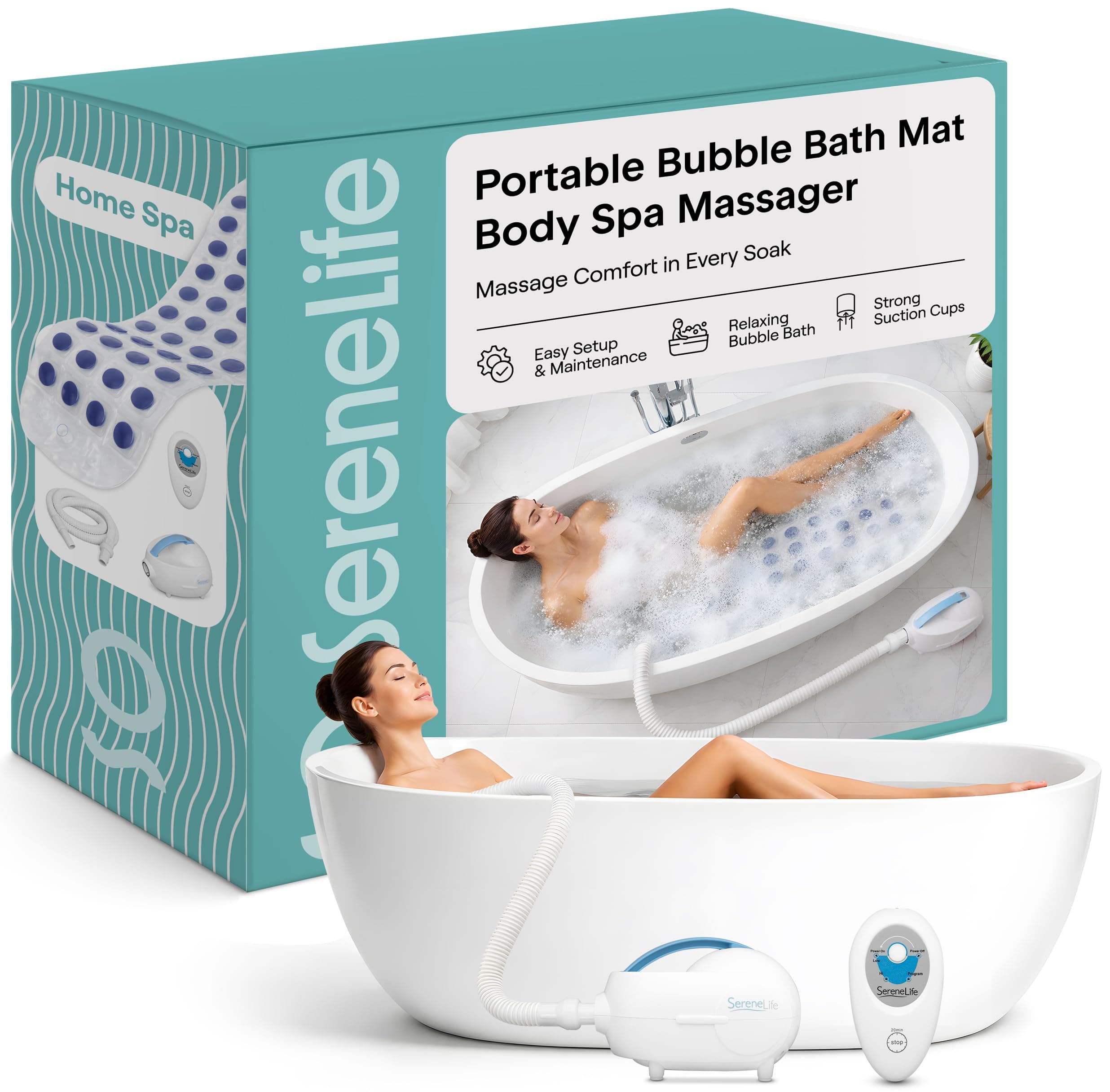 Bubble Bath Mat, Bathtub Mat with Air Massage and Remote Control, Waterproof, Non-Slip, Adjustable Bubble Intensity, Aroma Diffuser, 47x14.2 Inch Full Body Spa Massager