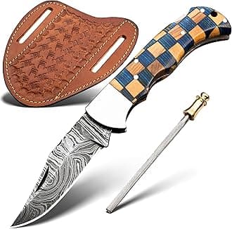 Damascus Steel Pocket Knife with Clip and Leather Sheath - EDC Knives for Outdoor and Camping Activities, Handmade Folding Knife, Free Sharpner (Chess foldable)